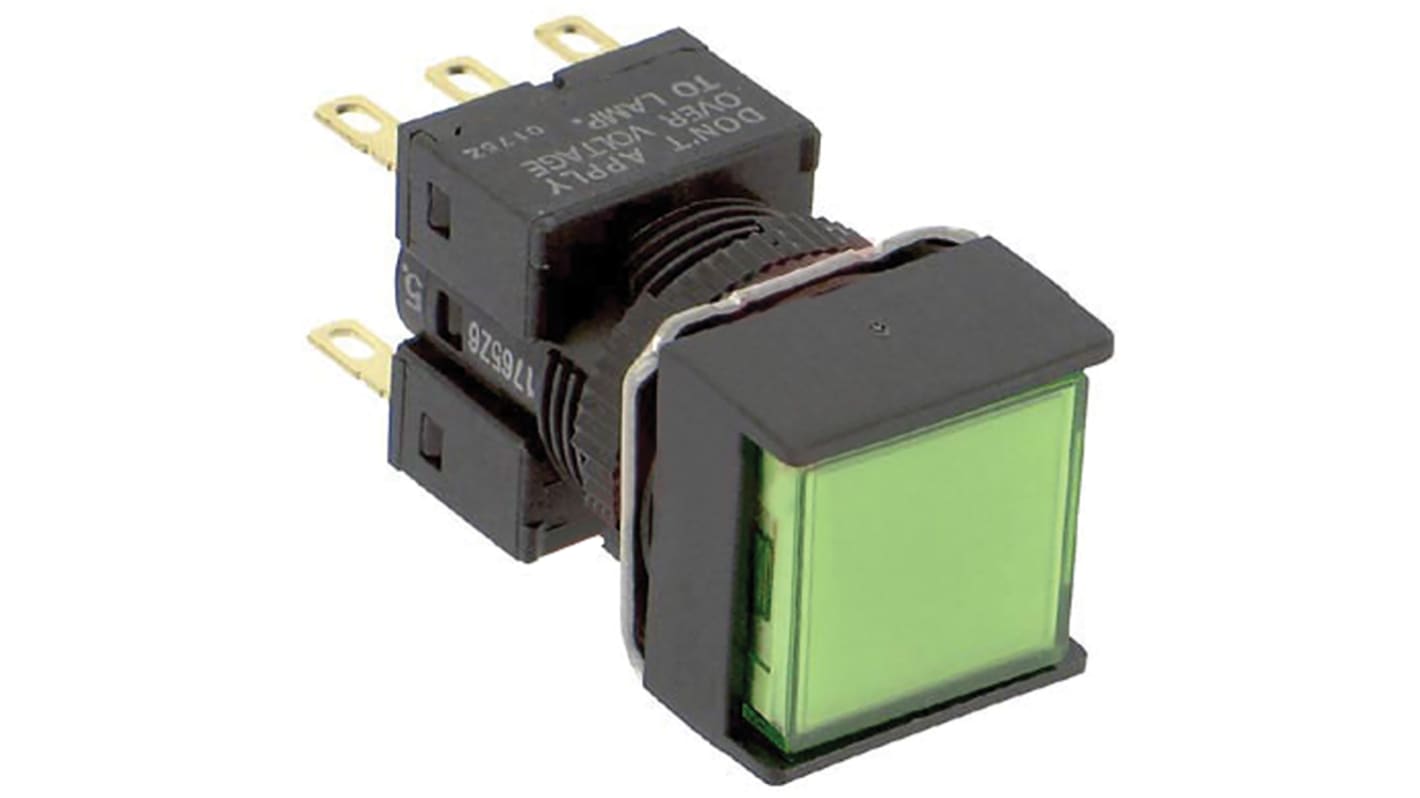 Pulsante luminoso Omron A165L-AGA-24D-2 DPDT, montaggio a pannello, diametro foratura 16 mm, grado di protezione IP65.