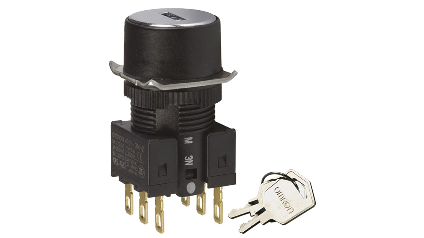 Interruttore a chiave Omron A165K-T3M-2, DPDT, 3 posizioni, IP65, diametro foratura 16 mm, tensione 230 V c.a. e 30 V c.c.