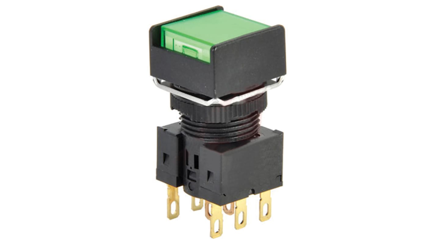 Omron A165L-AGM-24D-2, pulsante DPDT luminoso verde per montaggio a pannello, diametro 16 mm, protezione IP65.