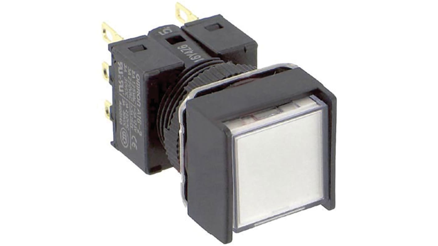 Pulsante luminoso DPDT Omron A165L-AWM-24D-2, montaggio a pannello, diametro 16 mm, grado di protezione IP65.
