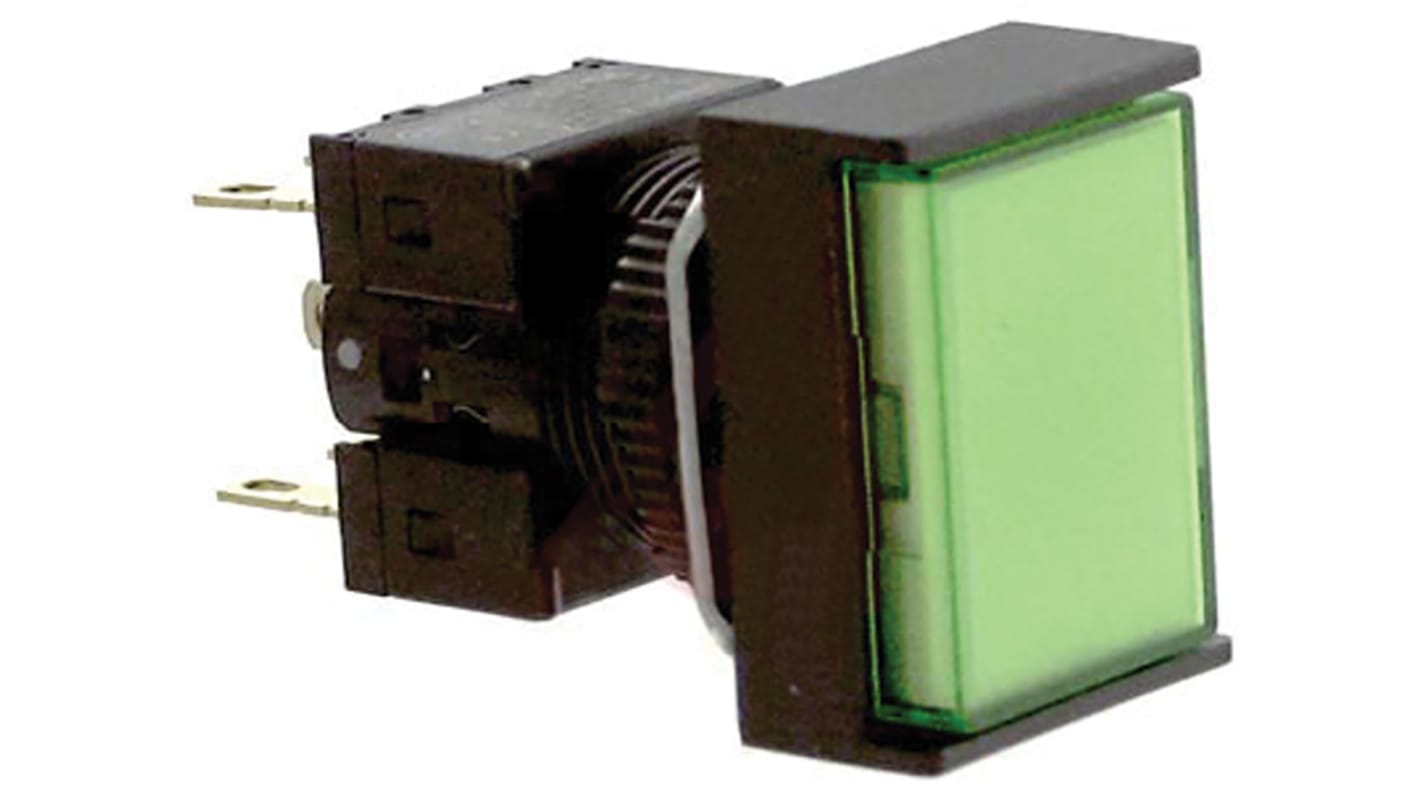 Pulsante luminoso Omron A165L-JGM-24D-2 DPDT verde, montaggio a pannello, IP65, diametro foratura 16 mm, tensione 250V AC.