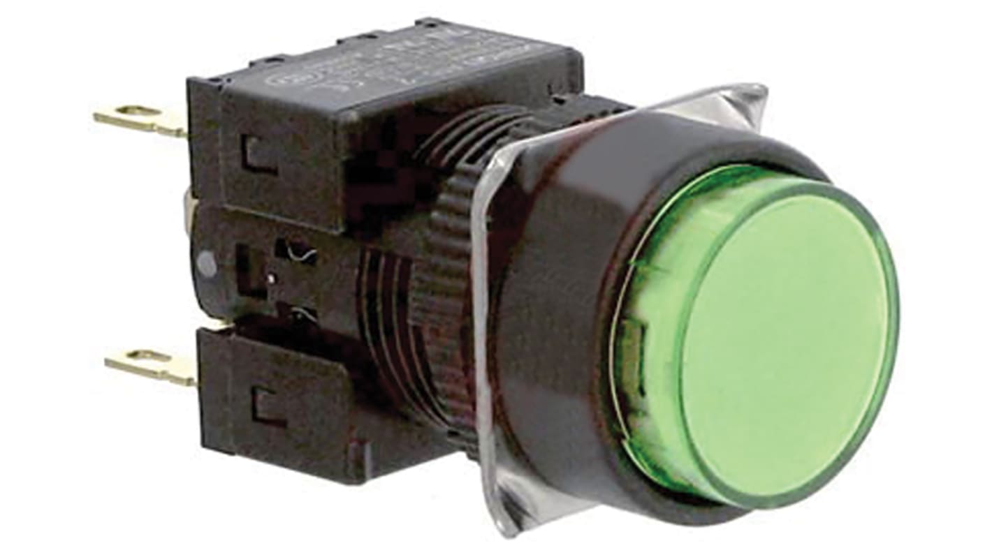 Pulsante luminoso DPDT Omron A165L-TGA-24D-2, montaggio a pannello, diametro 16 mm, protezione IP65, colore verde, tensione 230 V c.a.