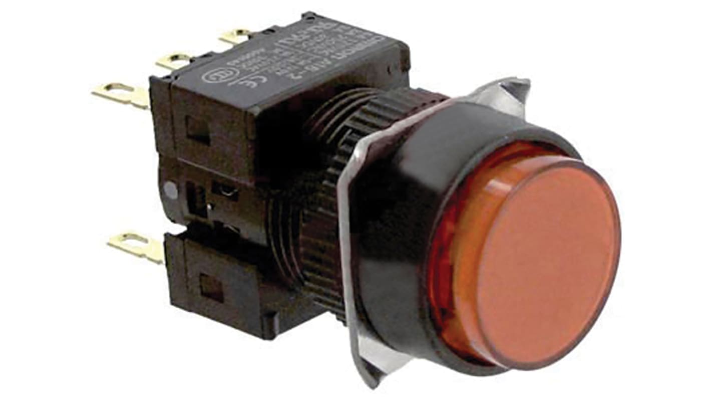 Pulsante luminoso DPDT Omron A165L-TRM-24D-2, montaggio a pannello, diametro 16 mm, grado di protezione IP65, 230 V c.a.