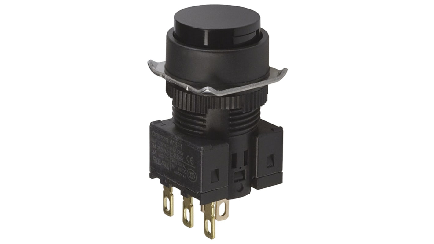 Pulsante SPDT Omron A16-TBM-1, montaggio a pannello, diametro foratura 16 mm, colore nero, protezione IP40.
