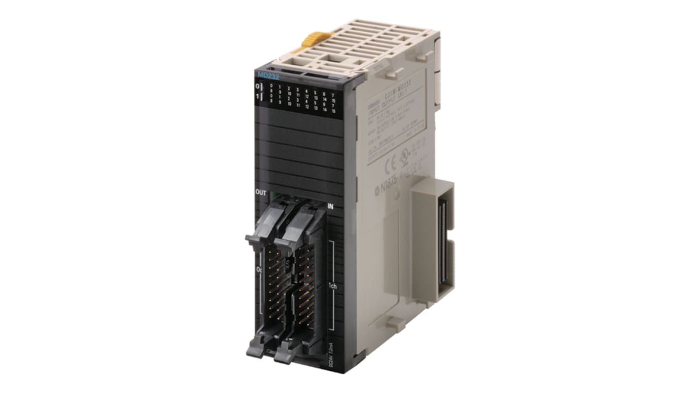 Modulo I/O Omron CJ1WMD232, 16 ingressi e 16 uscite, montaggio su rack, dimensioni 95,4 x 31 x 83,6 mm.