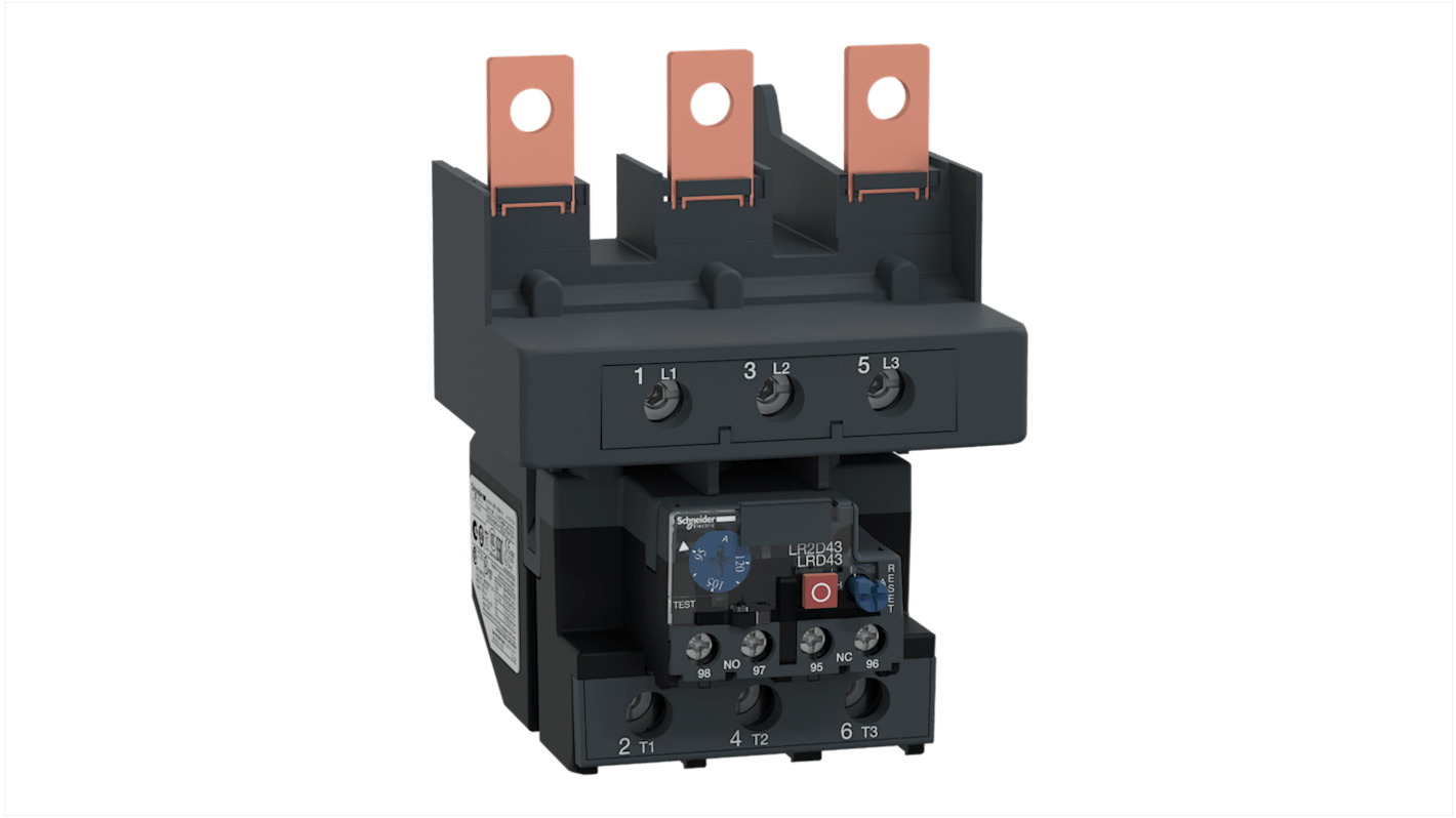 Relè di sovraccarico termico Schneider Electric LRD4367, tripolare, 95-120 A, montaggio su guida DIN, indicatore di innesco.