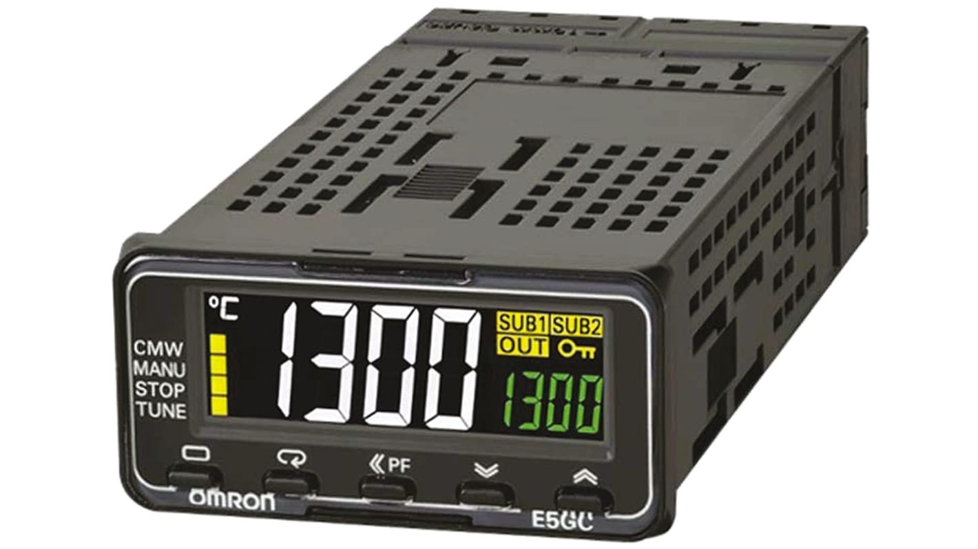 Termoregolatore PID Omron E5GC-RX2DCM-000, compatto 24 x 48 mm, 1 uscita Relè, display LCD bianco, montaggio a pannello.