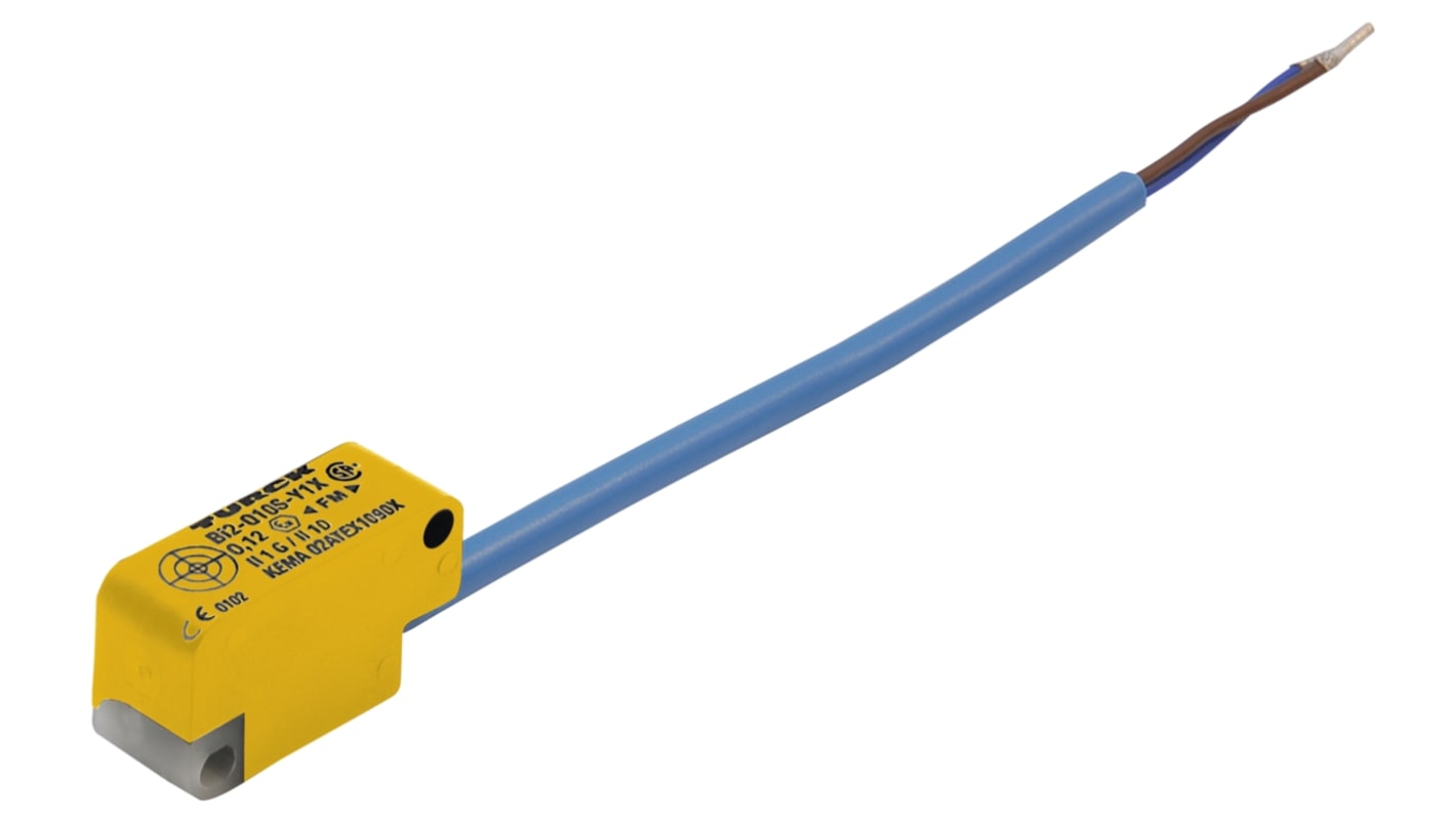 Sensore di prossimità Turck Bi2-Q10S-Y1X, induttivo NAMUR, rilevamento 2 mm, IP67, dimensioni 27,8 x 10,2 x 16 mm.