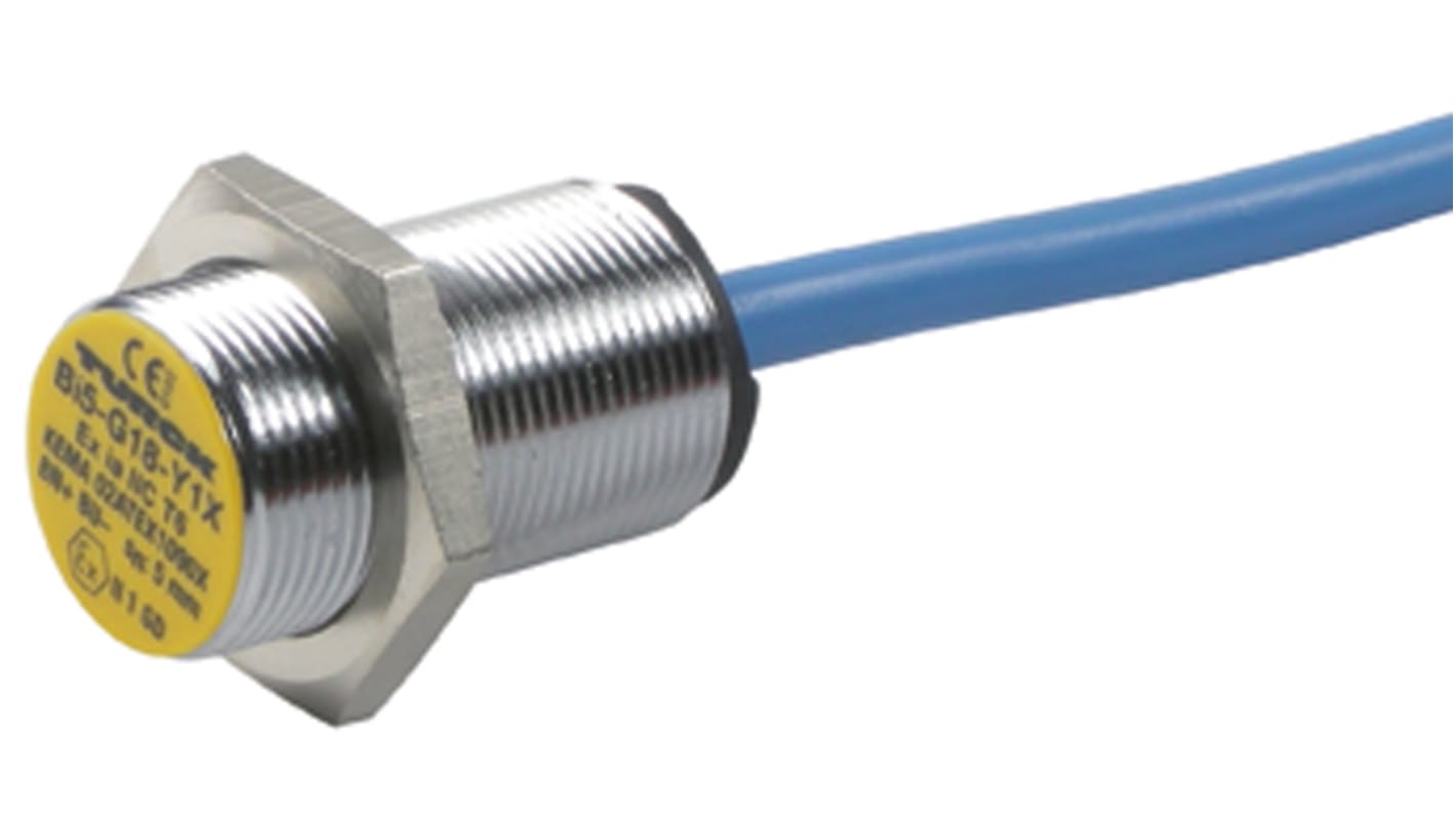 Sensore di prossimità cilindrico Turck Bi5-G18-Y1X, NAMUR M18, rilevamento 5 mm, IP67, cavo 2 m, montaggio a filo.