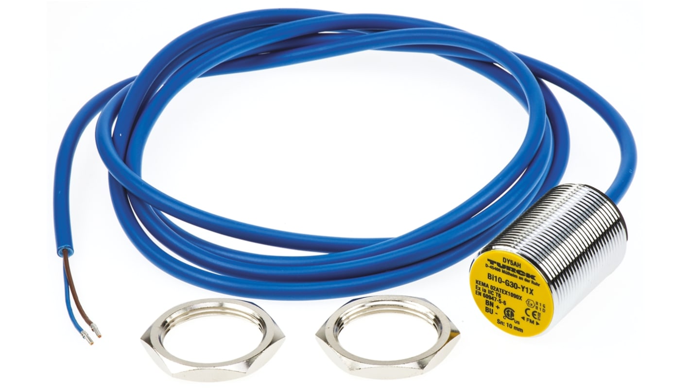 Sensore di prossimità cilindrico Turck Bi10-G30-Y1X, induttivo NAMUR M30, gamma di rilevamento 10 mm, IP67, montaggio a filo.