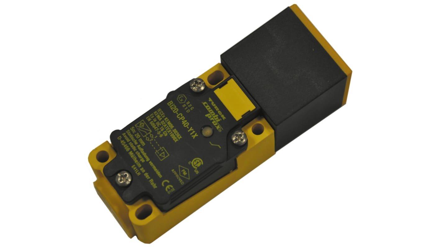 Sensore di prossimità Turck Bi20-CP40-Y1X, induttivo NAMUR, rilevamento 20 mm, IP67, dimensioni 114 x 40 x 40 mm.