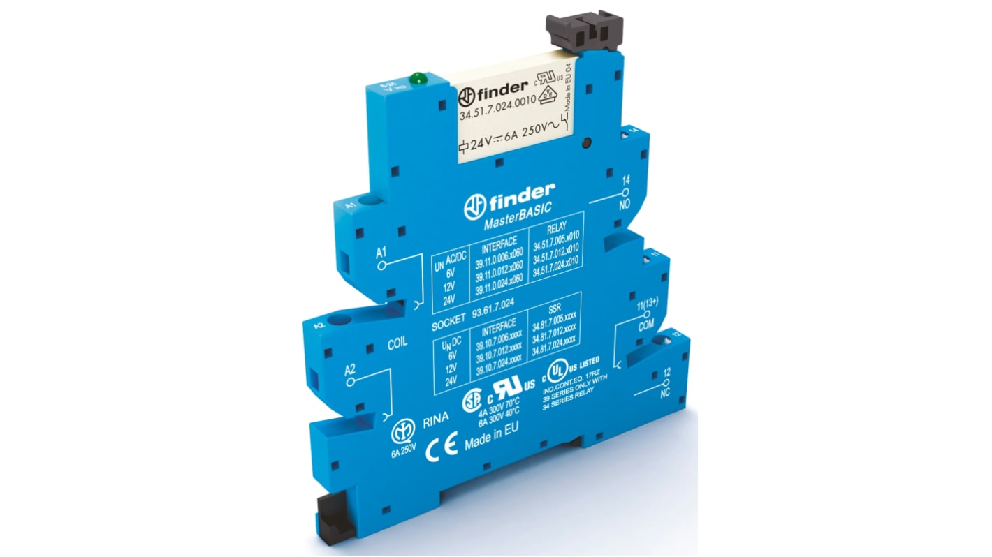 Finder 39.11.0.125.0060, relè d'interfaccia per guida DIN, contatti SPDT, bobina 110V, dimensioni 6.2 x 90.7 x 87mm.