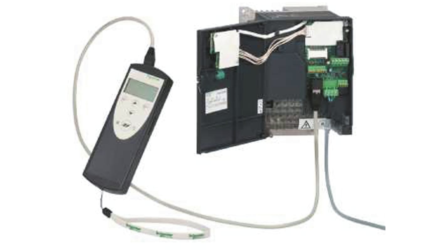 Downloader di configurazione Schneider Electric VW3A8121 per azionamenti ATV12, con display e pulsanti integrati.