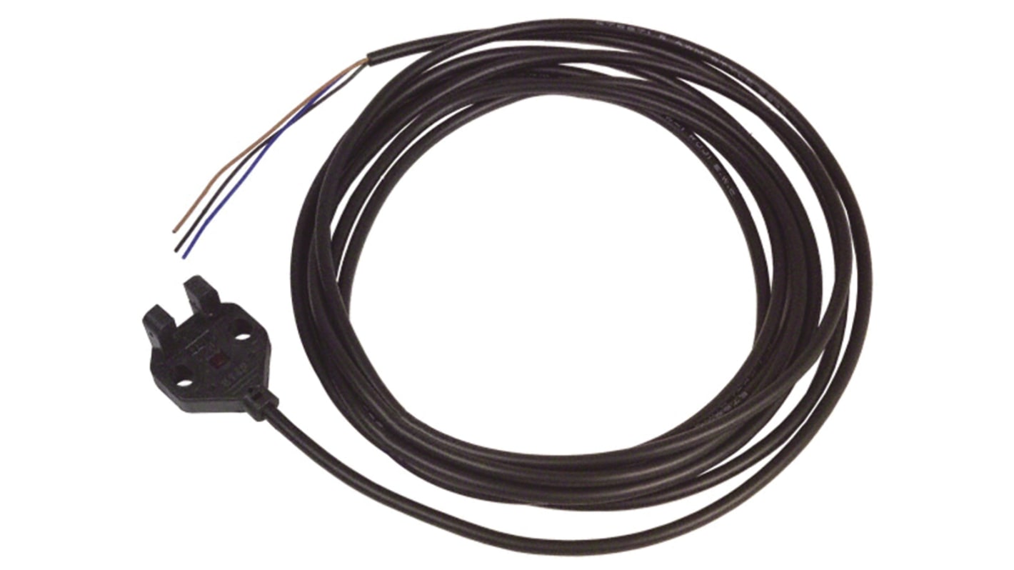 Sensore fotoelettrico Omron EE-SX871 con uscita NPN, alimentazione 5-24 V c.c., grado di protezione IP60, cavo da 2 metri.