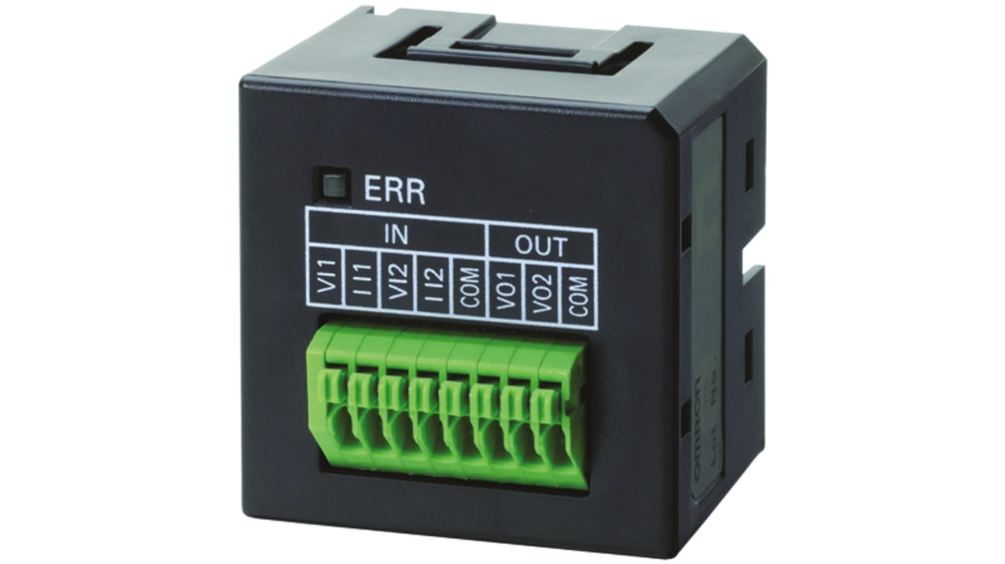 Modulo I/O Omron CP1W-MAB221 per PLC, 2 ingressi/uscite analogiche 0-10 V, montaggio in slot, dimensioni 86 x 90 x 50 mm.