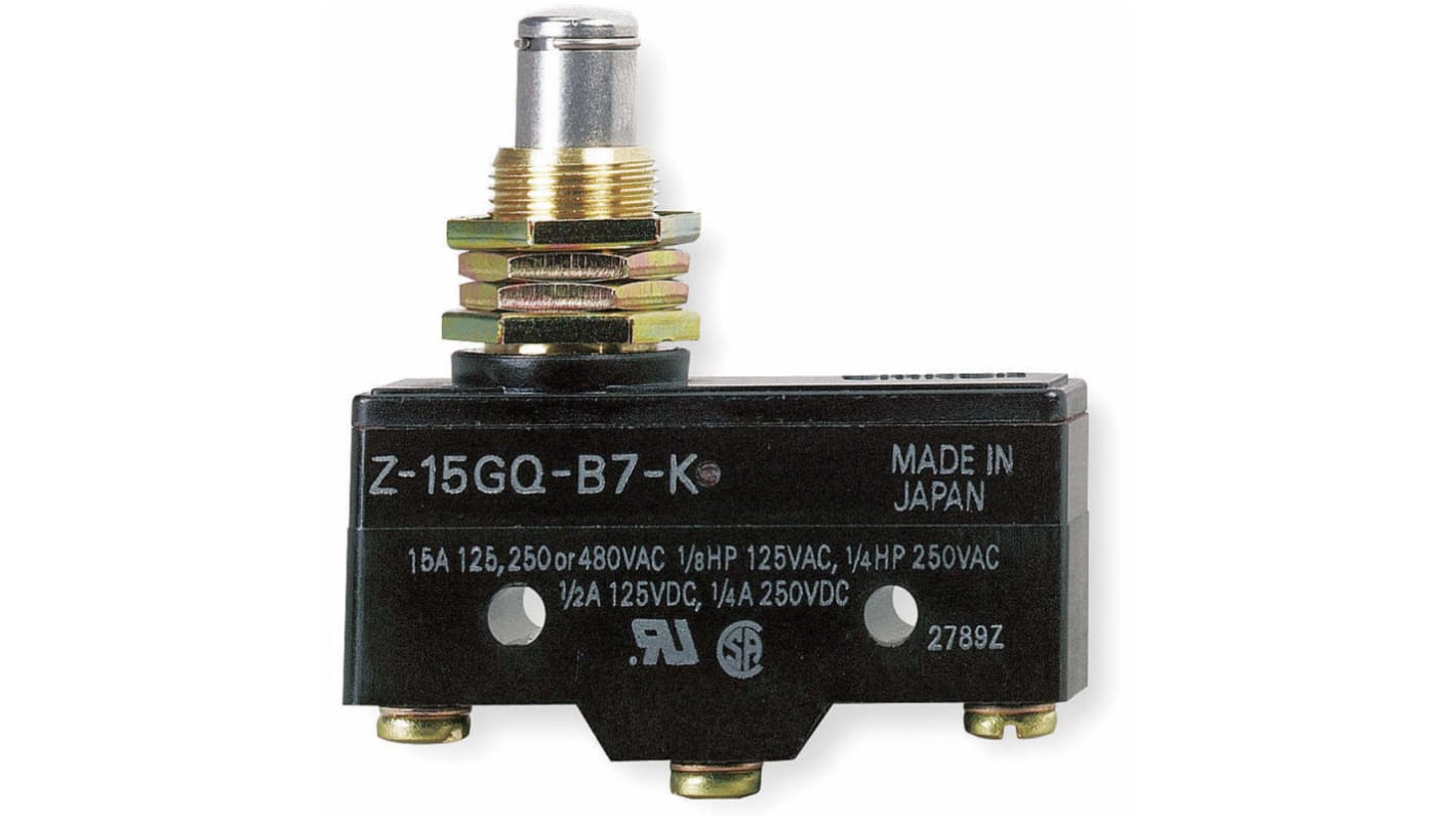 Interruttore di fine corsa Omron Z-15GQ-B7-K, stantuffo NO/NC, 15A, 500V, dimensioni 49.2mm x 25.5mm x 17.45mm, grado di protezione IP00.