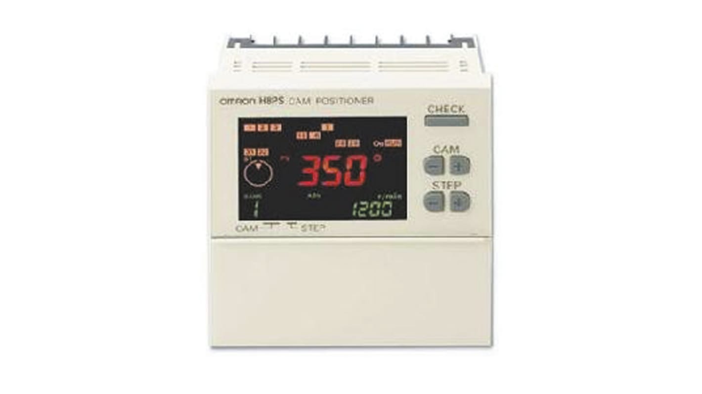 Posizionatore CAM Omron H8PS-16BF con 16 uscite, schermo LCD retroilluminato e codificatori assoluti senza inizializzazione.