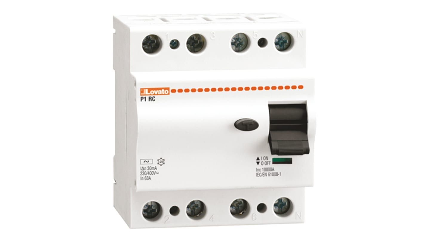 Interruttore differenziale Lovato P1RC4P25AC030, 3P+N, 25A, 30mA, montaggio su guida DIN, tensione 230V/400V.