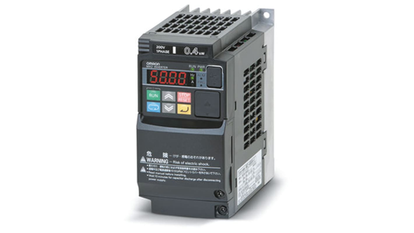 Inverter trifase Omron 3G3MX2-A2004-E, potenza 0,4 kW, 230 V, corrente 3,0 A, dimensioni 128x68x122,5 mm, grado di protezione IP20.