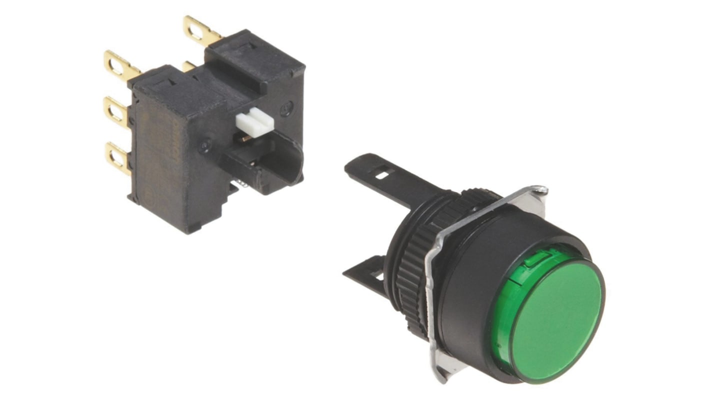Pulsante Omron A165-TGM-2 DPDT verde, montaggio a pannello, IP66, diametro foratura 16 mm, tensione max 250 V.