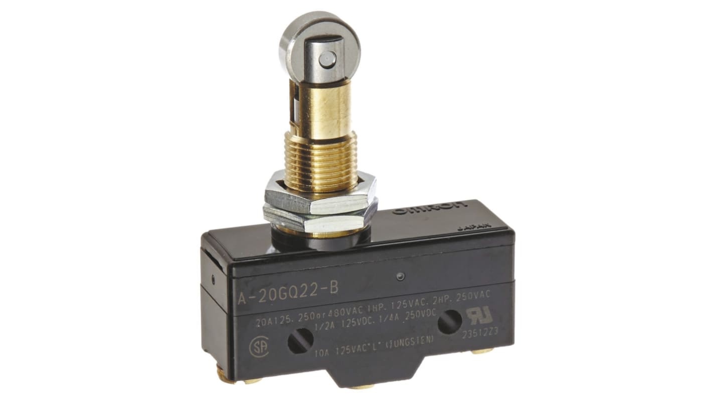 Interruttore di fine corsa Omron A-20GQ22-B, configurazione SPDT, contatti NO/NC, montaggio a pannello, dimensioni 49.2mm x 17.45mm x 25.5mm.