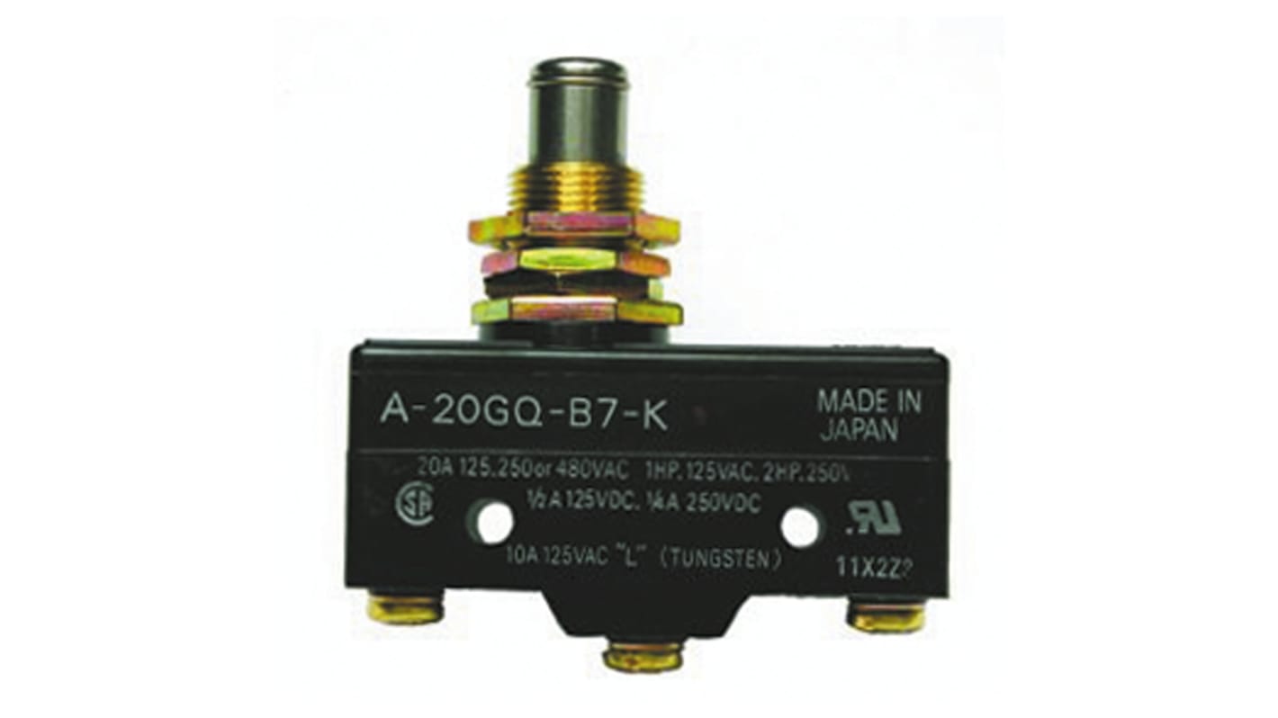 Interruttore di fine corsa Omron A-20GQ-B7-K, stantuffo SPDT, NO/NC, corrente 20 A, montaggio a pannello, dimensioni 49.2 x 17.45 x 25.5 mm.