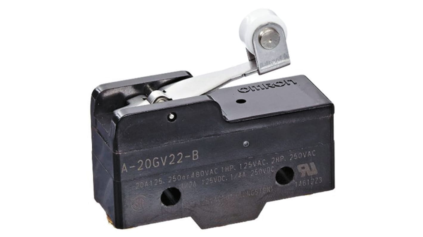 Interruttore di fine corsa Omron A-20GV22-B, leva a rullo SPDT, NO/NC, montaggio laterale, dimensioni 49.2 x 17.45 x 29.4 mm.
