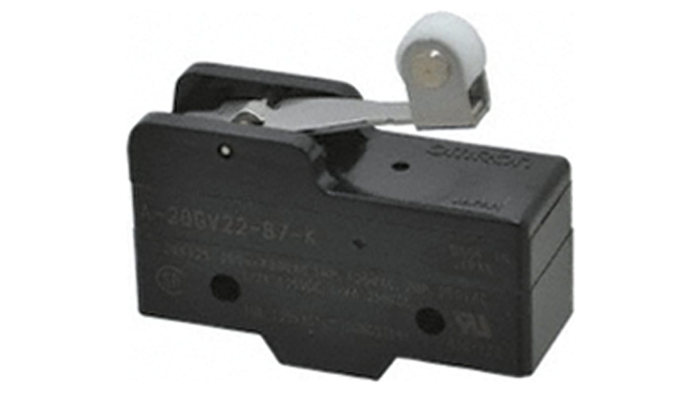 Interruttore di fine corsa Omron A-20GV22-B7-K, leva a rullo SPDT, montaggio laterale, dimensioni 49.2 x 17.45 x 29.4 mm.