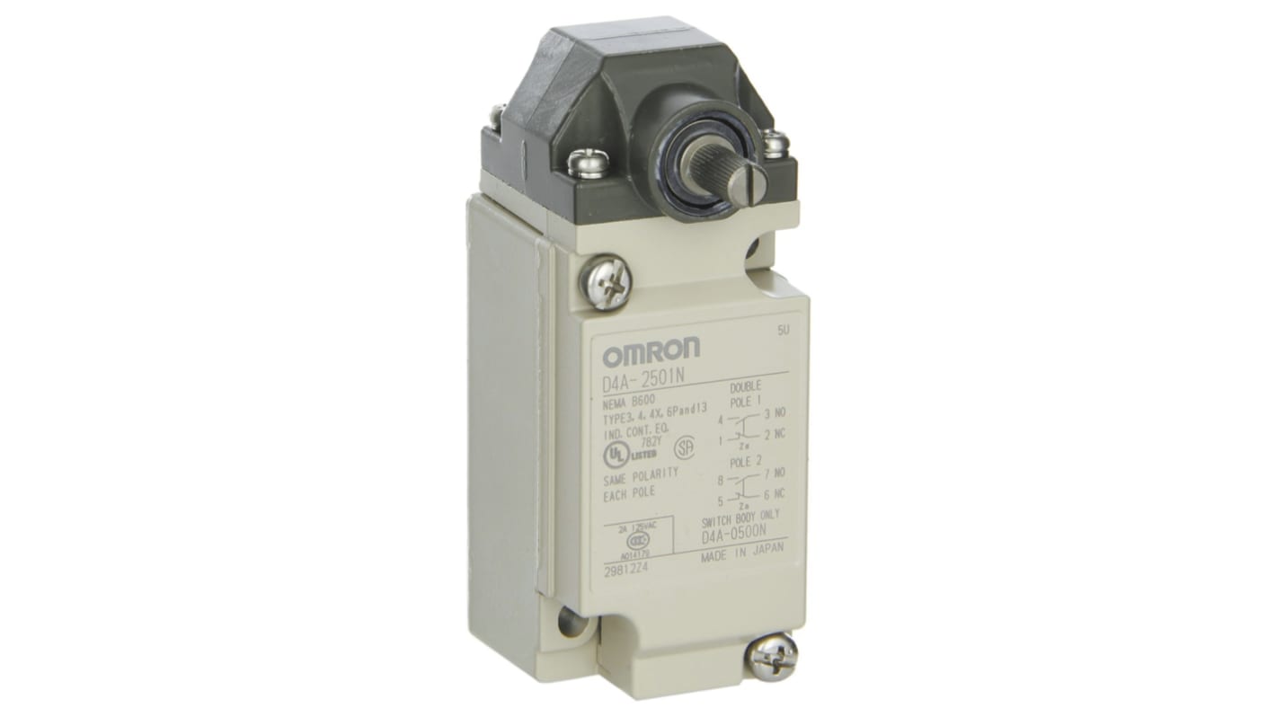 Interruttore di fine corsa Omron D4A-2501-N con leva a rullo, 2NA e 2NC, protezione IP67, dimensioni 75.5mm x 42mm x 44mm.