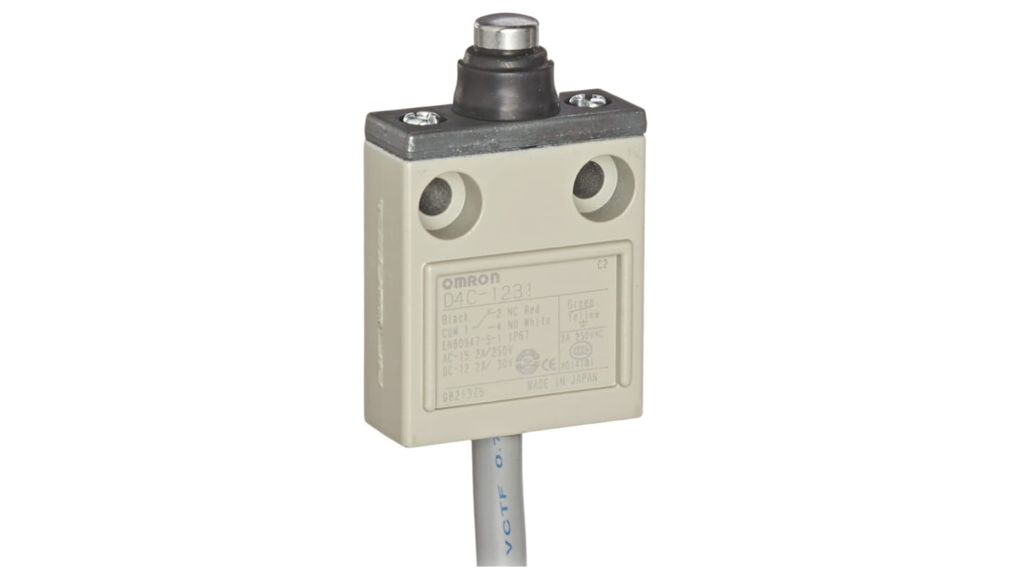 Interruttore di fine corsa Omron D4C-1231, stantuffo NO/NC, IP67, 250V, 5A, dimensioni 49x40x16mm, montaggio versatile.