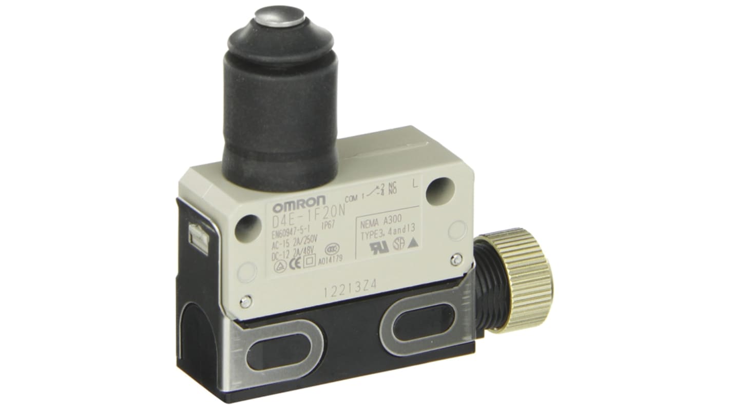 Interruttore di fine corsa Omron D4E-1F20N, stantuffo NO/NC, IP67, dimensioni 57mm x 32.9mm x 18mm, montaggio laterale.