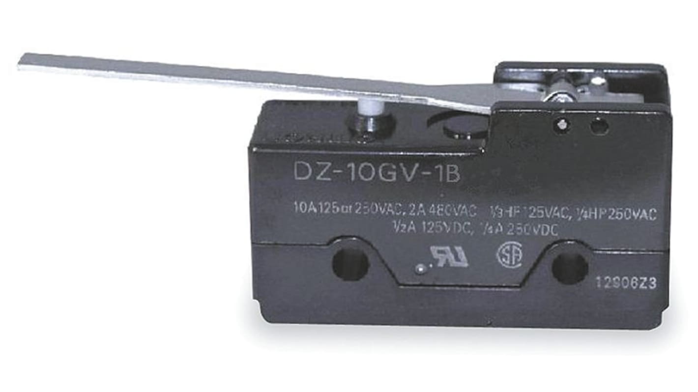 Interruttore di fine corsa Omron DZ-10GV-1B con leva, DPDT, 10A, 250V, dimensioni 49.2mm x 17.45mm x 27.9mm.