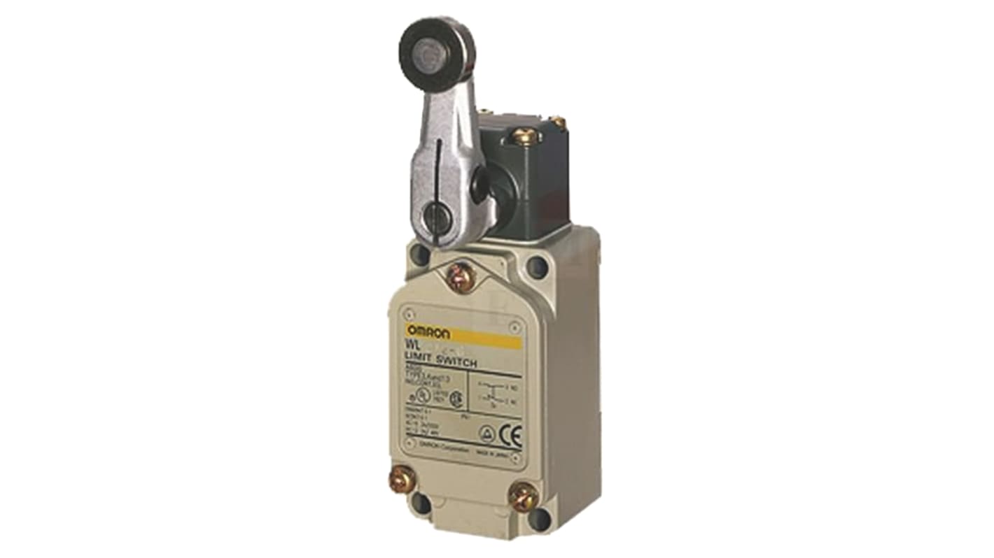 Interruttore di fine corsa Omron WL-CA2-7GN con leva a rullo, protezione IP67, montaggio laterale, dimensioni 137mm x 40mm x 67.2mm.