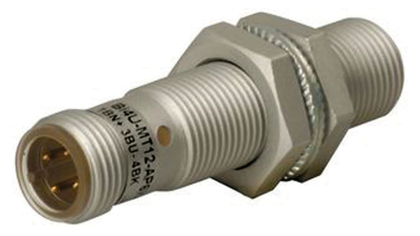 Sensore di prossimità cilindrico PNP M12 x 1 Turck Bi4U-EM12WD-AP6X-H1141, rilevamento 4 mm, IP69K, montaggio a filo, lunghezza 52 mm.