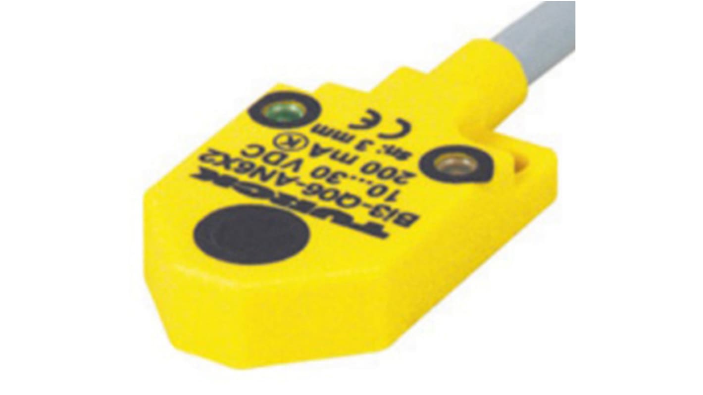 Sensore di prossimità NPN Turck Bi3-Q06-AN6X2, induttivo, rilevamento 2 mm, IP67, dimensioni 27.8x17.3x6 mm, montaggio a filo.