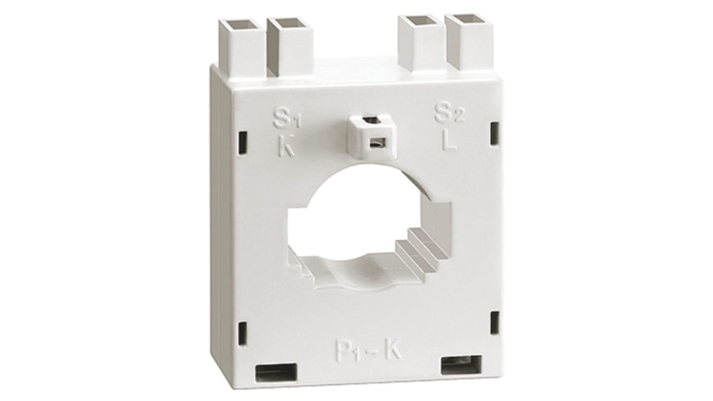 Trasformatore di corrente Lovato DM2T0100, rapporto 100:5, montaggio su guida DIN, dimensioni 65.5x52x46.5 mm, protezione IP30.