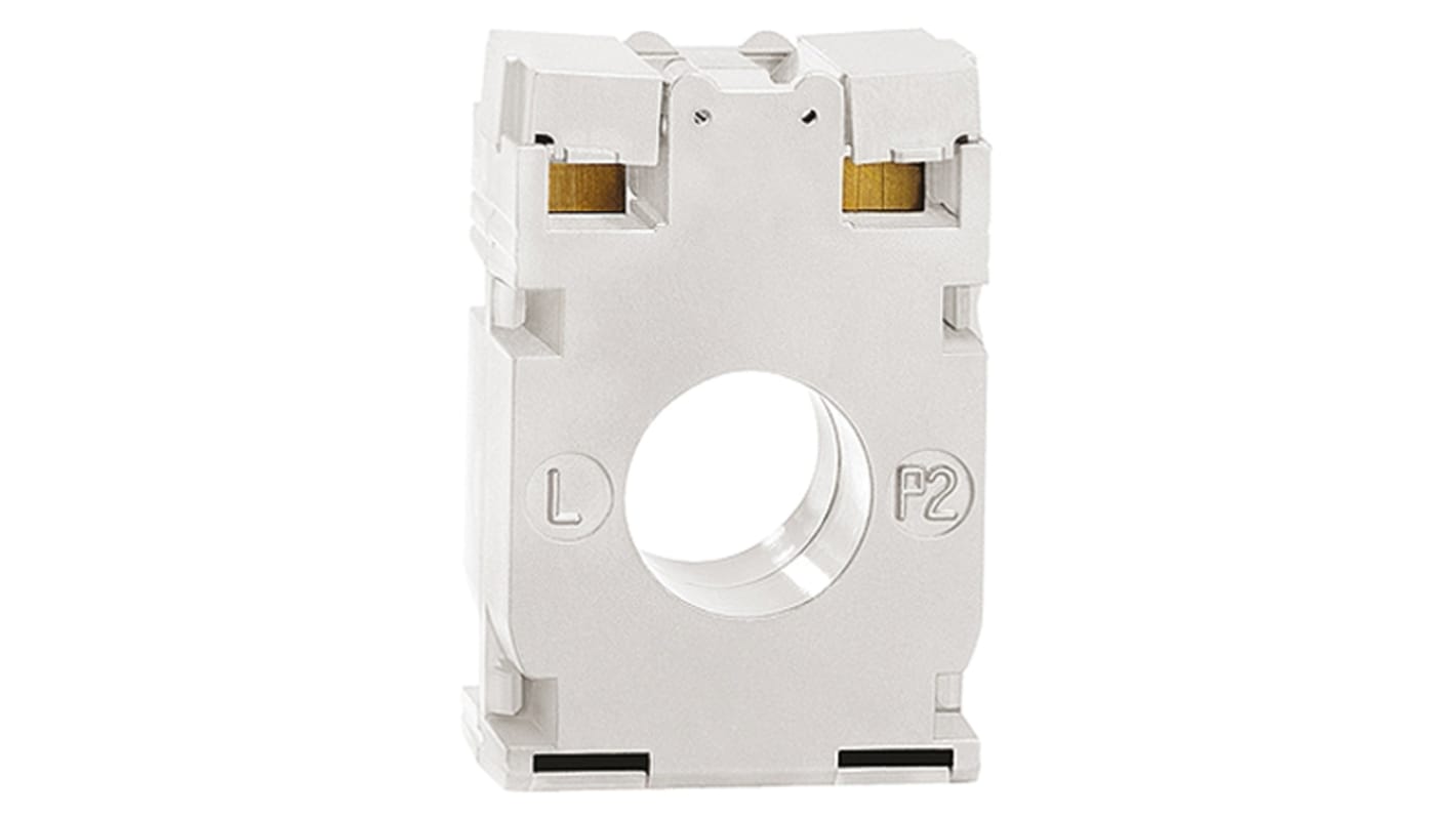 Trasformatore di corrente Lovato DM0T0050, rapporto 50:5, montaggio su guida DIN, dimensioni 66mm x 44mm x 32mm.