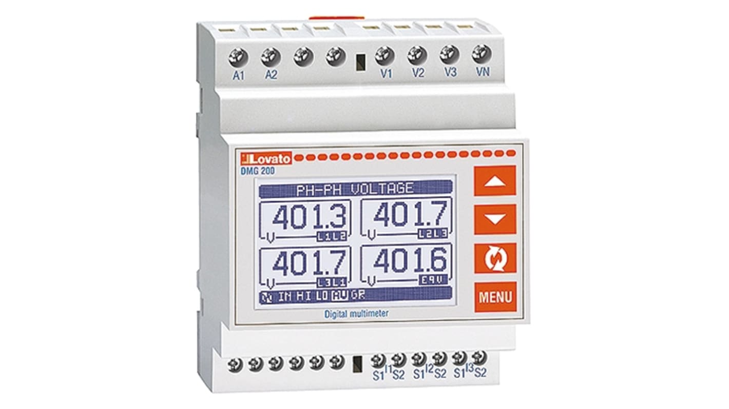 Contatore di energia Lovato DMG200L01, 1-2-3 fasi, display LCD 128x80, montaggio su guida DIN, precisione ±1%.