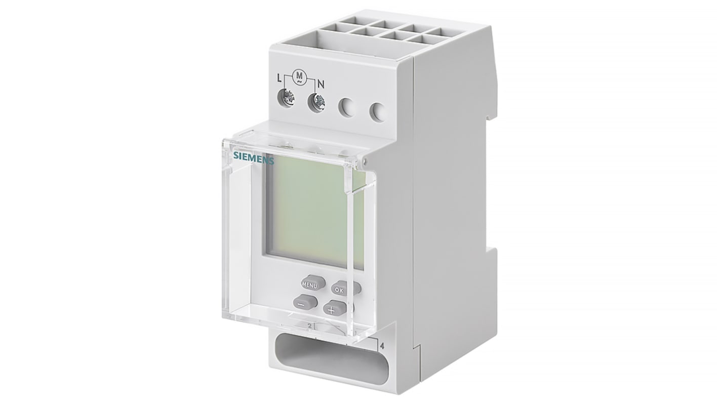 Temporizzatore digitale Siemens 7LF4511-0 per guida DIN, 230 V, SPDT, 28 programmi, dimensioni 83x70 mm.