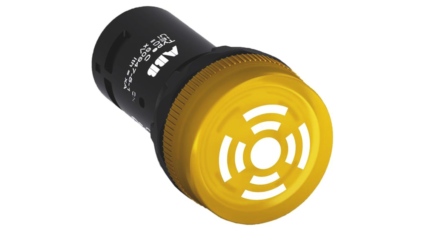 Cicalino LED ABB per montaggio a pannello, 24V, 53mA, diametro foro 22mm, colore giallo, grado di protezione IP 66.