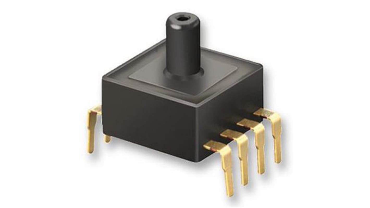 Sensore di pressione relativa Panasonic ADP51B61, uscita analogica 4 V, montaggio PCB, dimensioni 7,2 x 7,2 mm. Precisione 2,5%.