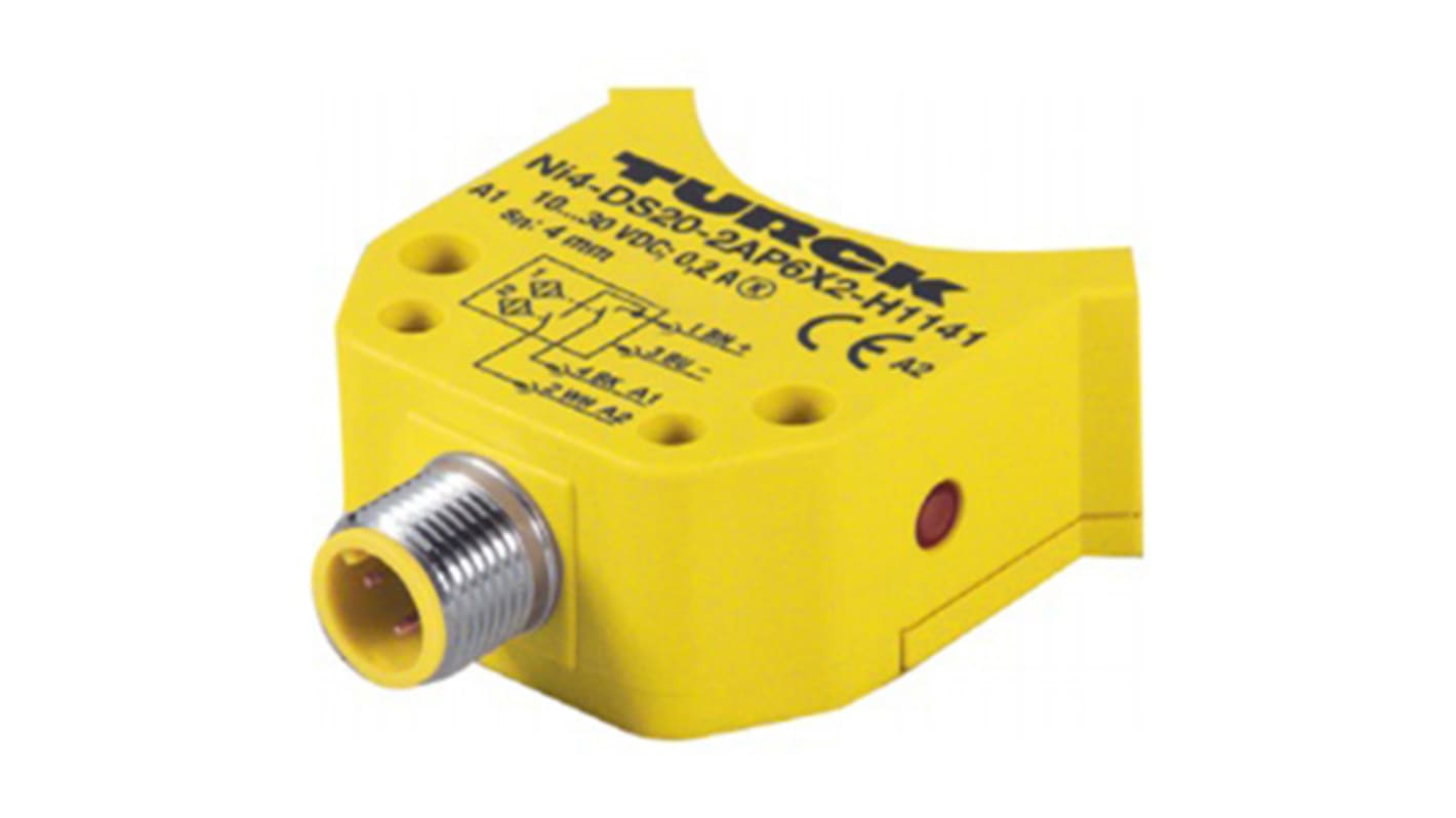 Sensore di prossimità PNP Turck Ni4-DS20-2AP6X2-H1141, induttivo, IP67, 4 mm di rilevamento, dimensioni 52x20x45 mm.