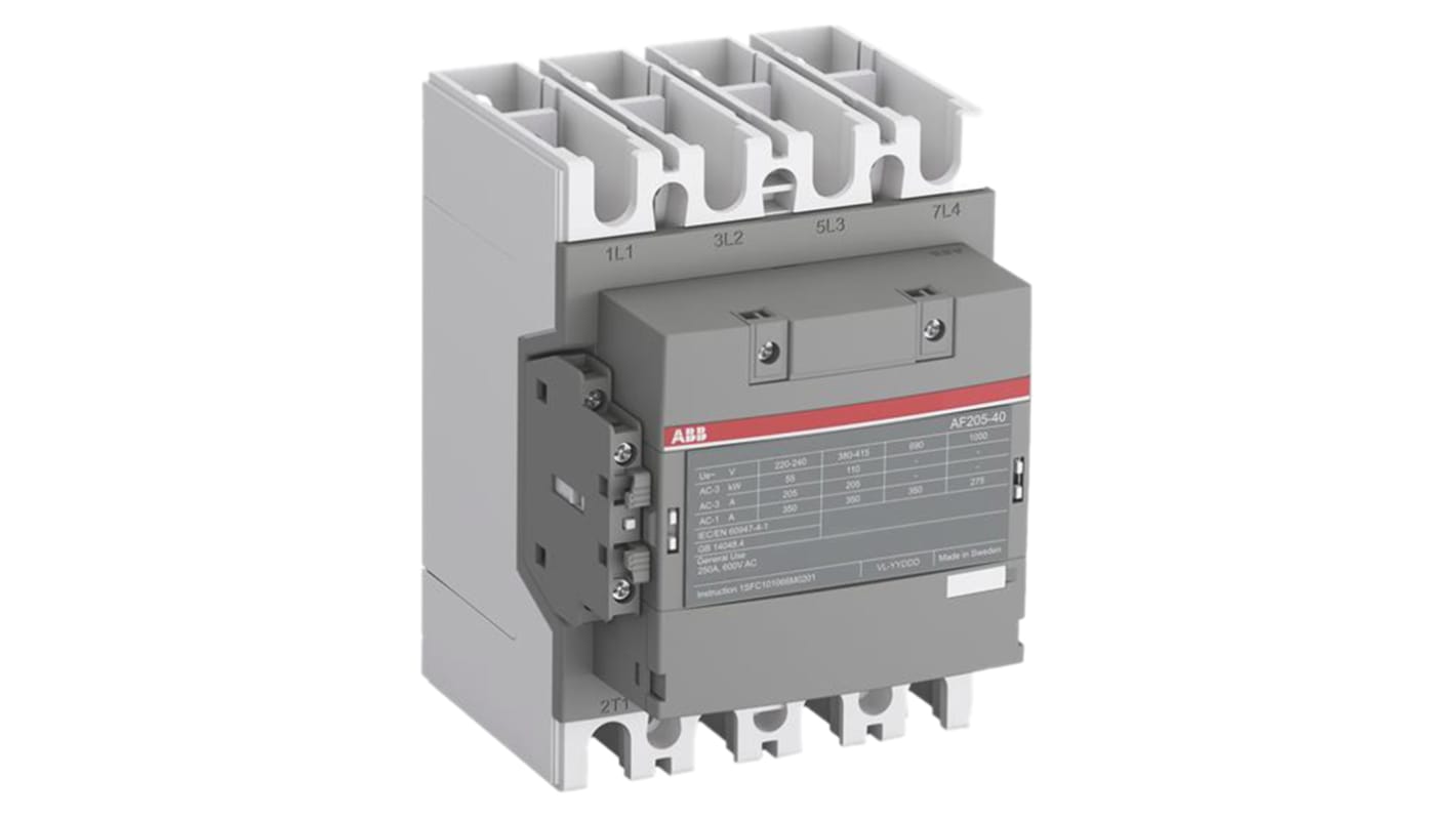 Contattore ABB 1SFL487102R1311 AF190-40-11-13, 4 poli, 275 A, montaggio su guida DIN, dimensioni 140 x 195.6 x 152.6 mm.