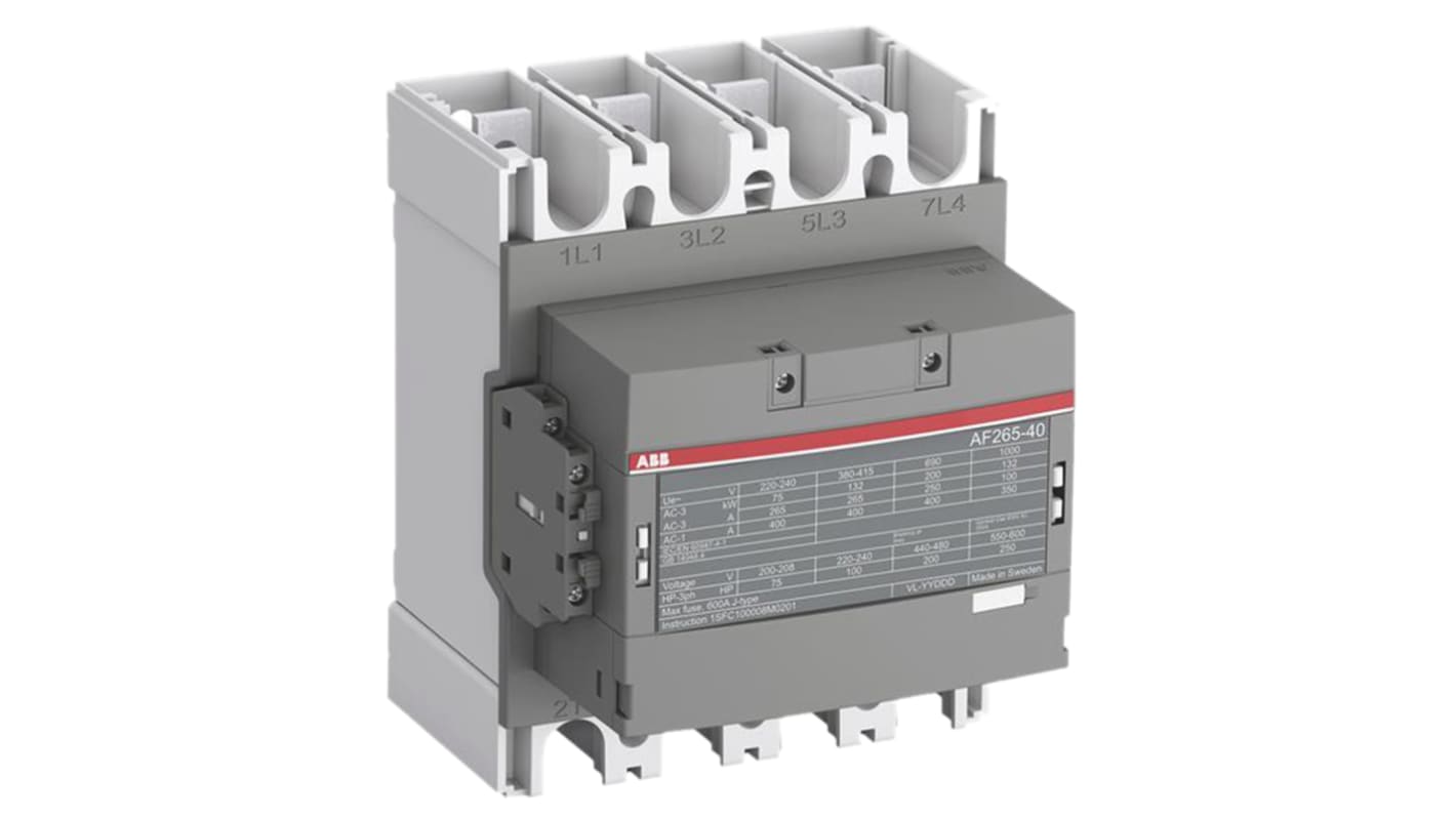 Contattore ABB 1SFL547102R1311 AF265-40-11-13, 4 poli 4NO, corrente 400 A, dimensioni 225.4x184.4x180 mm.