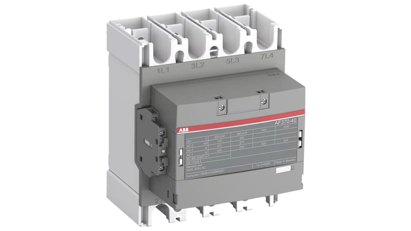 Contattore ABB 1SFL587102R1311, 4 poli 4NO, 500 A, bobina 230 V, montaggio su guida DIN, dimensioni 184.4 x 225.4 x 180 mm.