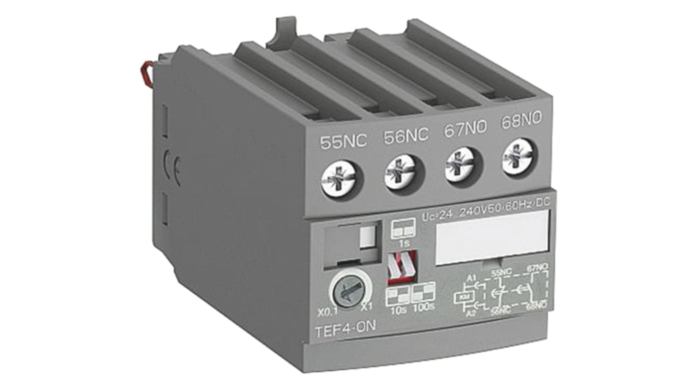 Relè temporizzatore ABB 1SBN020112R1000 TEF4-ON, 2 poli, 1 NO + 1 NC, montaggio a pannello, dimensioni 67,7 x 43 x 41,6 mm.