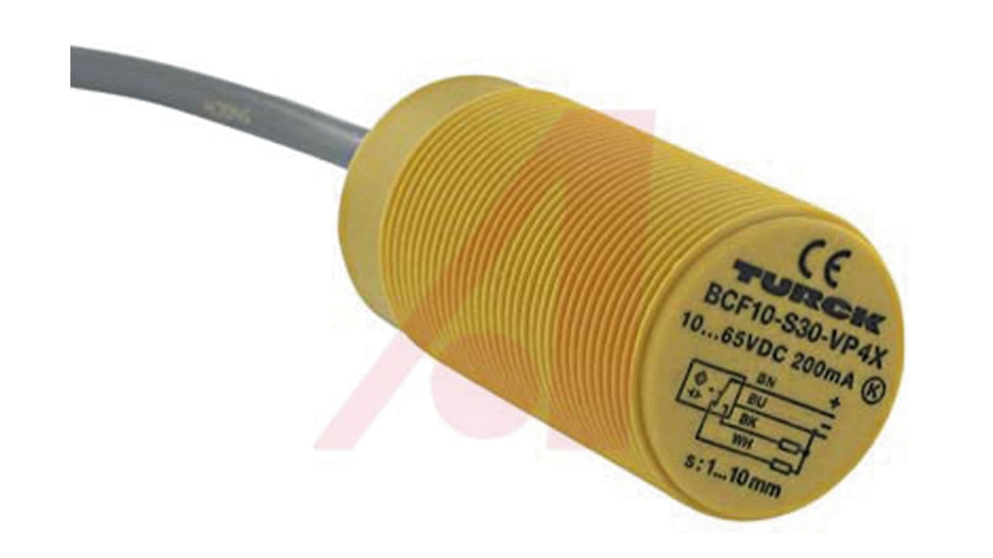 Sensore di prossimità cilindrico PNP Turck BCF10-S30-VP4X, tecnologia capacitiva, filettatura M30, distanza di rilevamento 15 mm.