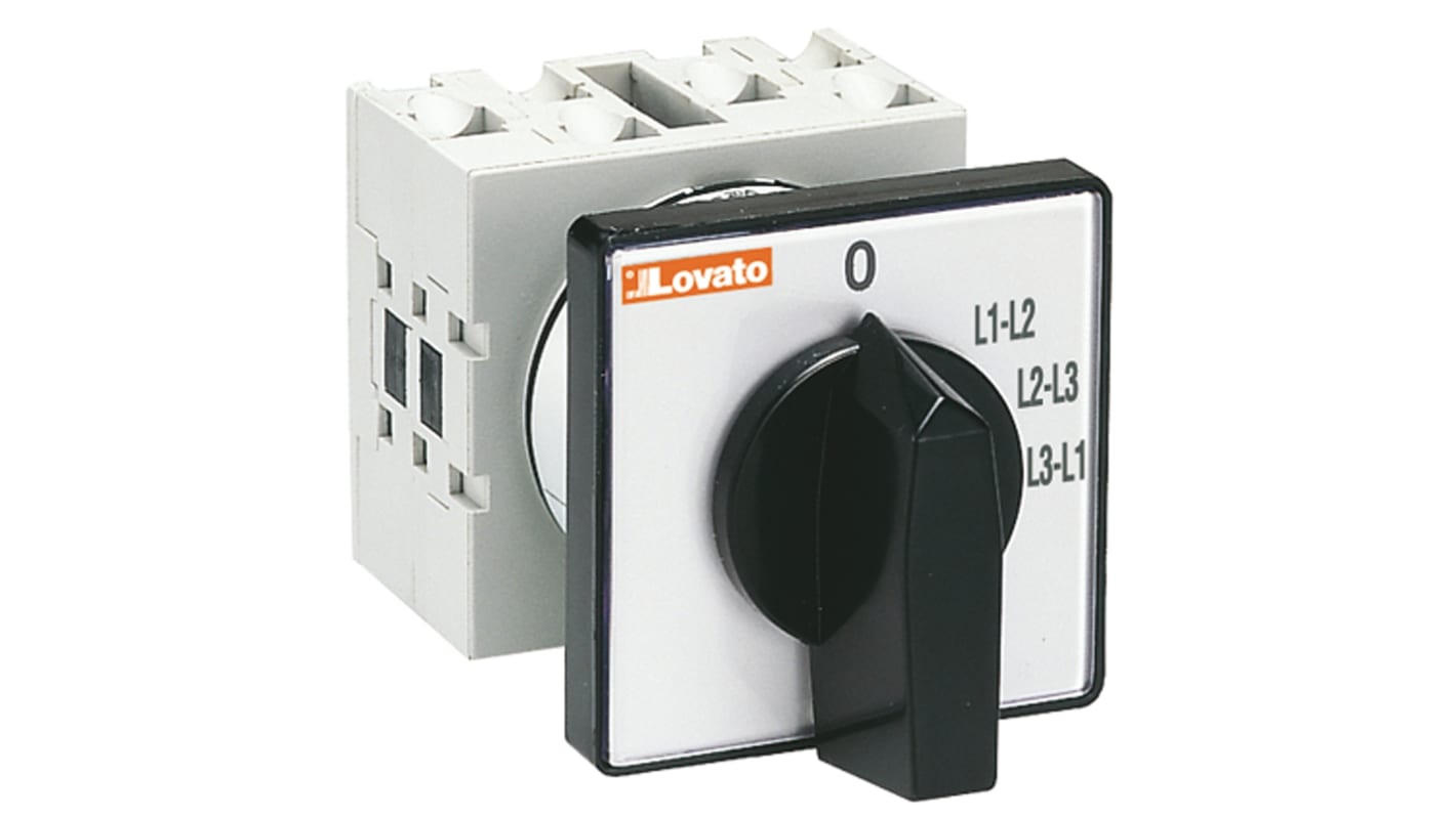 Interruttore a camma Lovato GX1667U, 4 posizioni, corrente 16A, dimensioni 48 x 48 x 79 mm, contatti in lega d'argento.