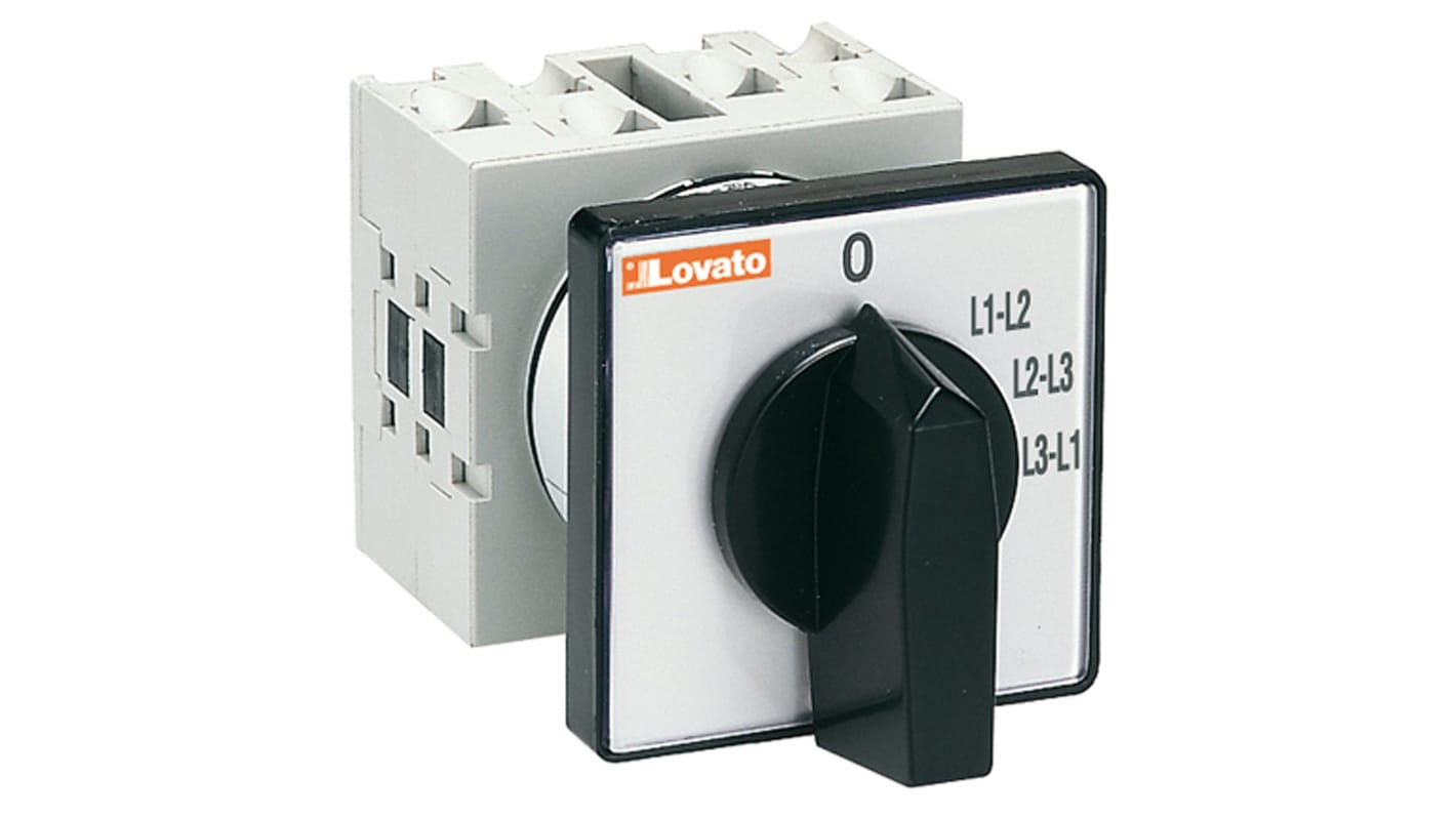 Interruttore a camma Lovato GX1697U, 4 posizioni, corrente 16A, installazione rapida, dimensioni 48 x 48 x 104.5 mm.