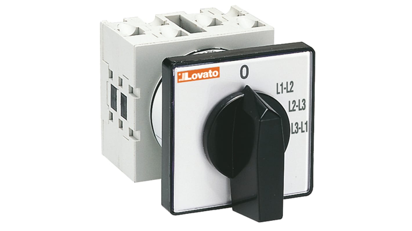Interruttore a camma Lovato GX1698U, 4 posizioni, 16A, 2NA/3NC, installazione rapida, dimensioni 48 x 48 x 87.5 mm.